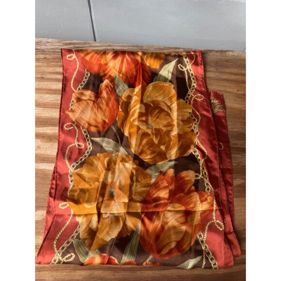 Oscar De La Renta Floral Silk Scarf Orange & Brown - Picture 1 of 5